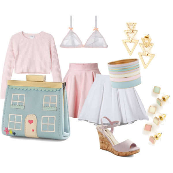 outfit set in pastel shades of mainly blue, pink, and lavender with gold accents; solid geometric colour-block style; cute and femme without being too frilly; statement accessory is a cartoony house-shaped leather bag in blue with white windows and scalloped trim